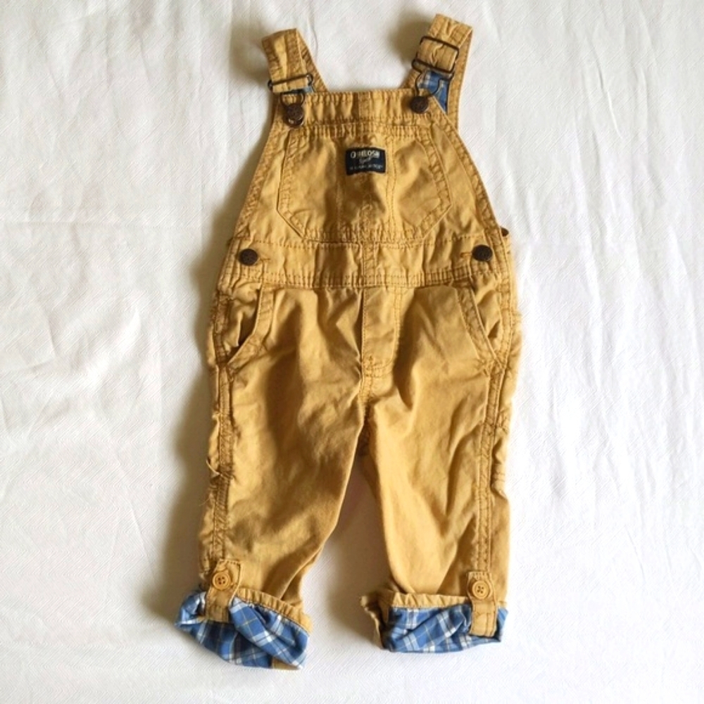 oshkosh b'gosh tan cotton twill carpenter vestbak overalls with plaid 12 months
